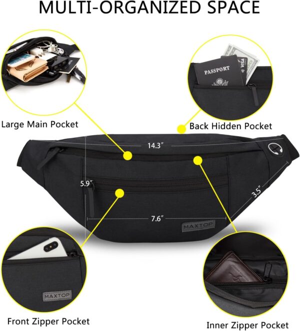 MAXTOP Water-Resistant Fanny Pack – 4 Zipper Pockets